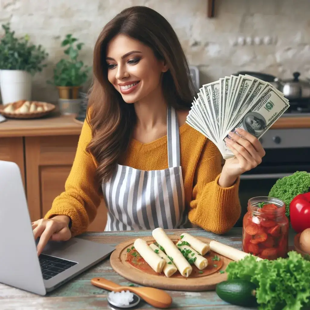 A successful female food blogger sitting at her laptop with her food blog on the screen, counting her earnings